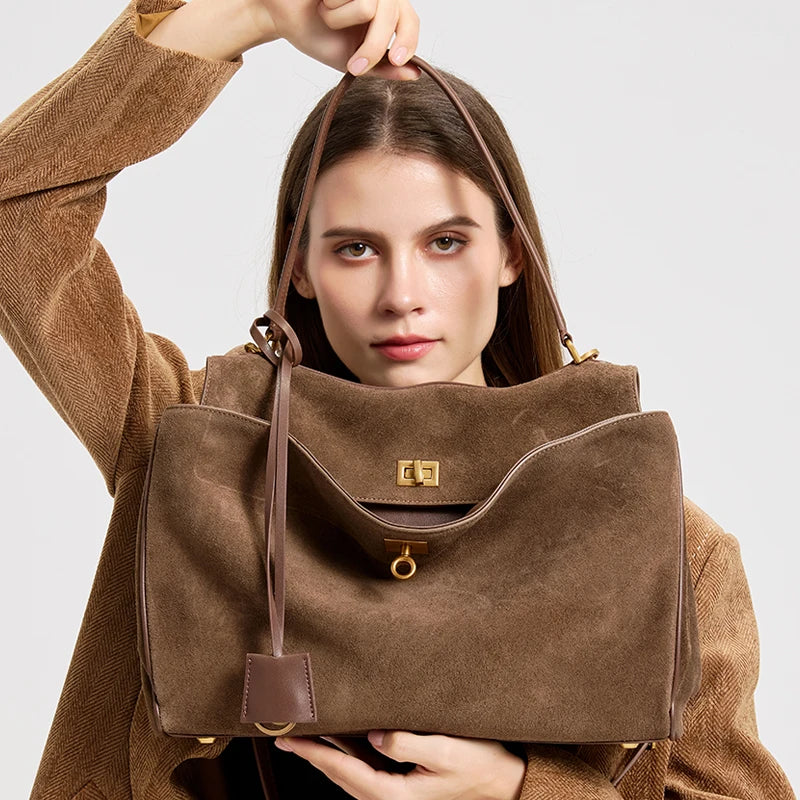 2025 Autumn Winter Women's Suede genuine leather Bag Shoulder Handbag Large Capacity Single Tote Bag Handbag Luxury Designer Bag