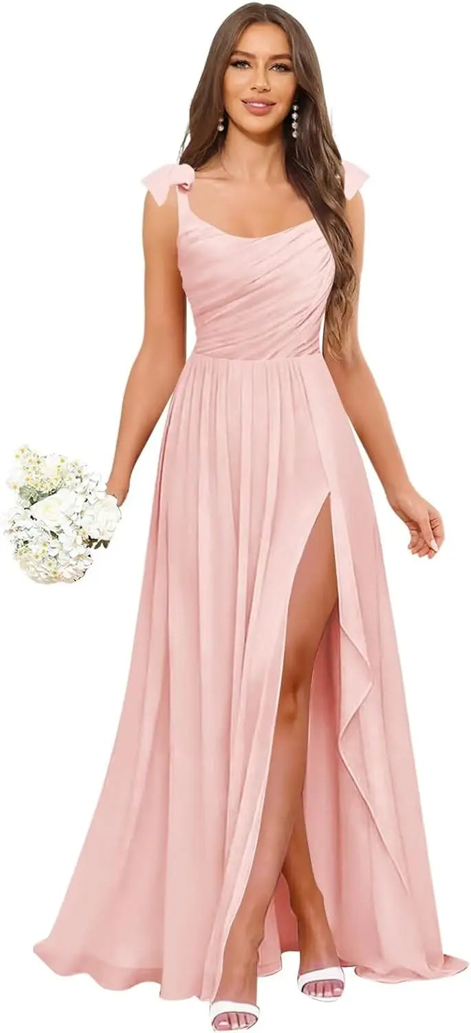 Square Neck Bridesmaid Dress with Ruffle Slit Chiffon Spaghetti Straps Ruched Bust Long Formal Prom Wedding Guest Gown