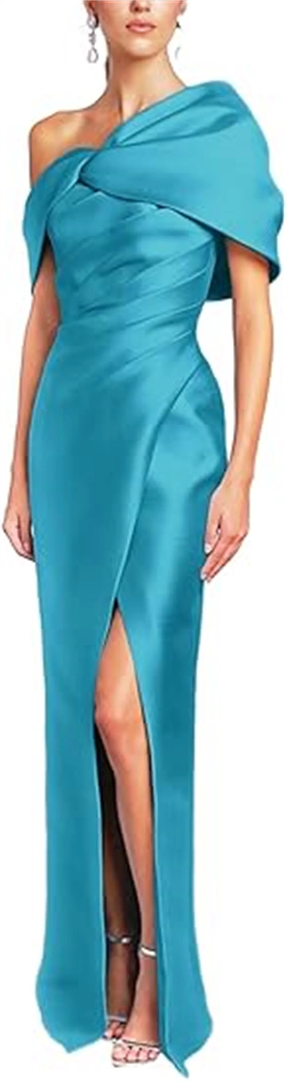 Women Mermaid Satin Floor Length Evening Gowns Sheath High Side Slit One Shoulder Ruched Backless Wedding Guest Dress