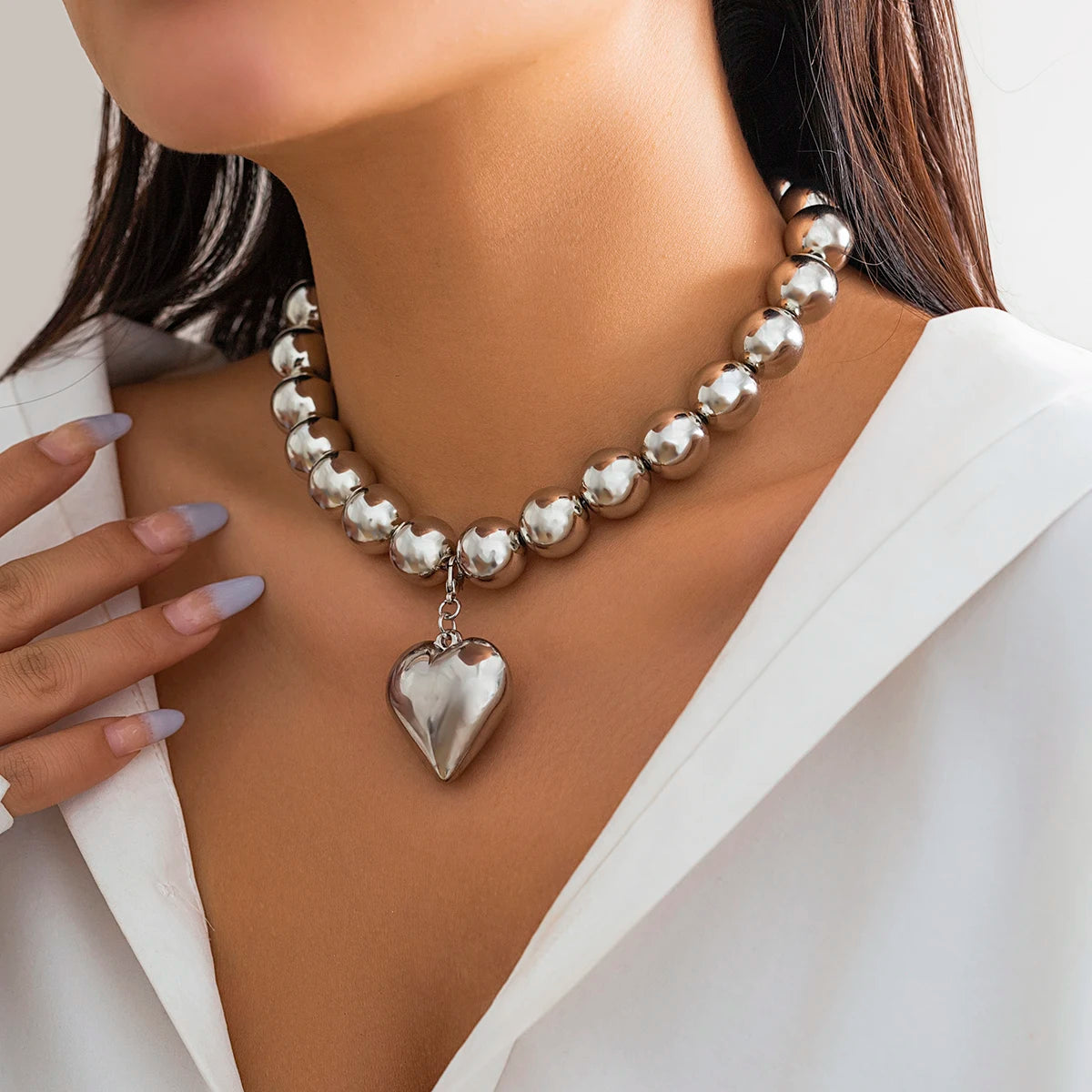 Salircon Big CCB Ball Beaded Chain Heart Shape Pendant Necklace for Women Gold Color Trendy Clavicle Choker Necklace  Jewelry