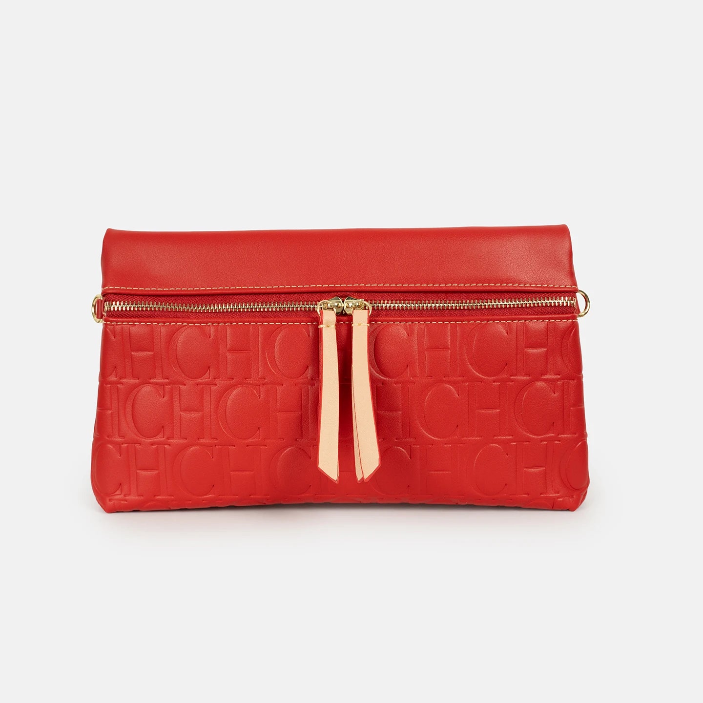 CH Vintage Red PU Leather Crossbody Bag Embossed CH Letter Double Zipper Shoulder Handbag For Retro Outfits