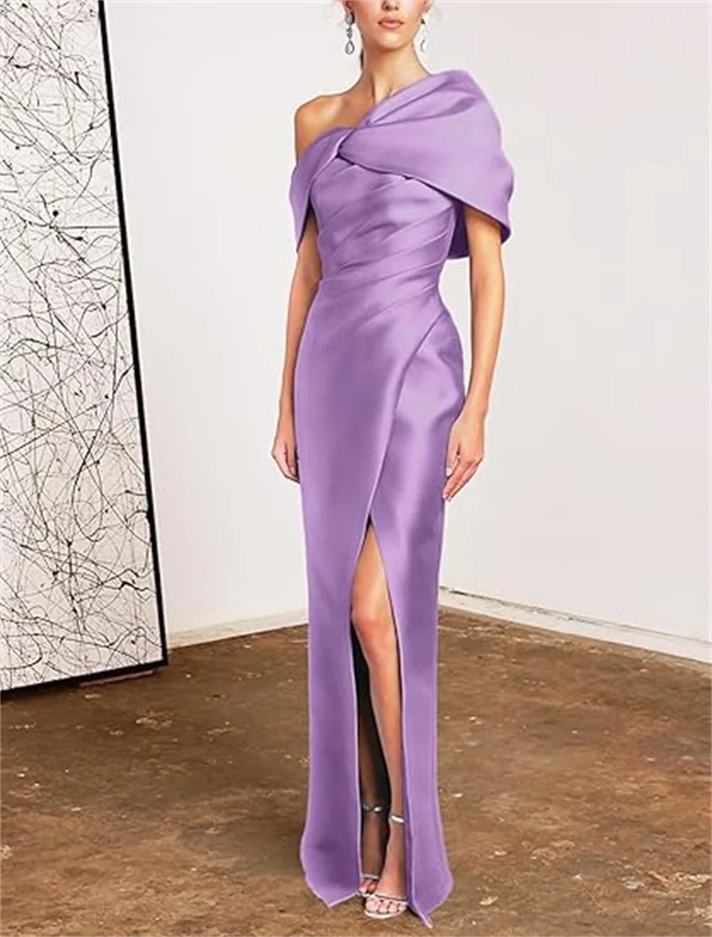 Women Mermaid Satin Floor Length Evening Gowns Sheath High Side Slit One Shoulder Ruched Backless Wedding Guest Dress