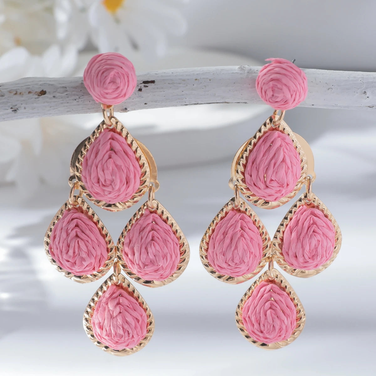 Women's Bohemian Fashion Handmade Water Drop Long Earrings Colorful Rattan Knit Raffia Hanging Party Jewelry Accessory