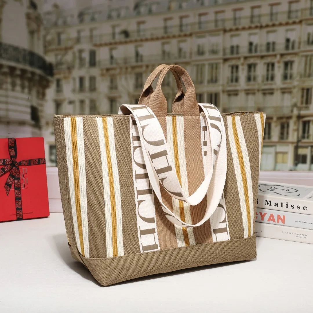 Women's Tote Bag Simple Stripe Design Women's Shoulder Bag Letter Print Large Capacity Commuter Style Classic Ladies Crossbod