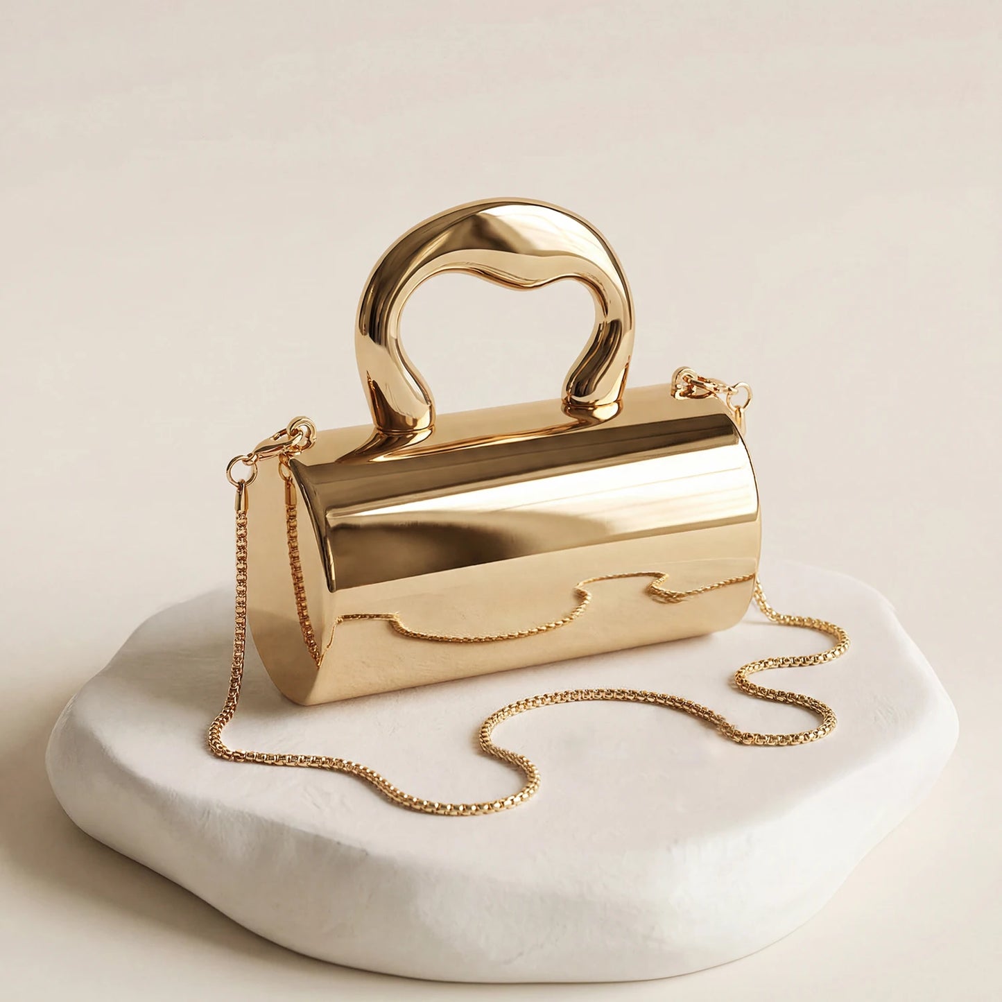 Stylish designer mini acrylic gold cylindrical clutch sparkly party bag