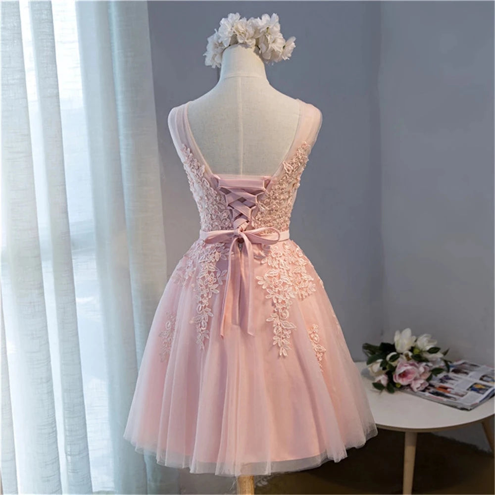 BABYONLINE Burgundy Bridesmaid Dresses with Lace Appliqué, V-Back & Flowy Tulle Skirt for Weddings,Elegant Short Party Dress