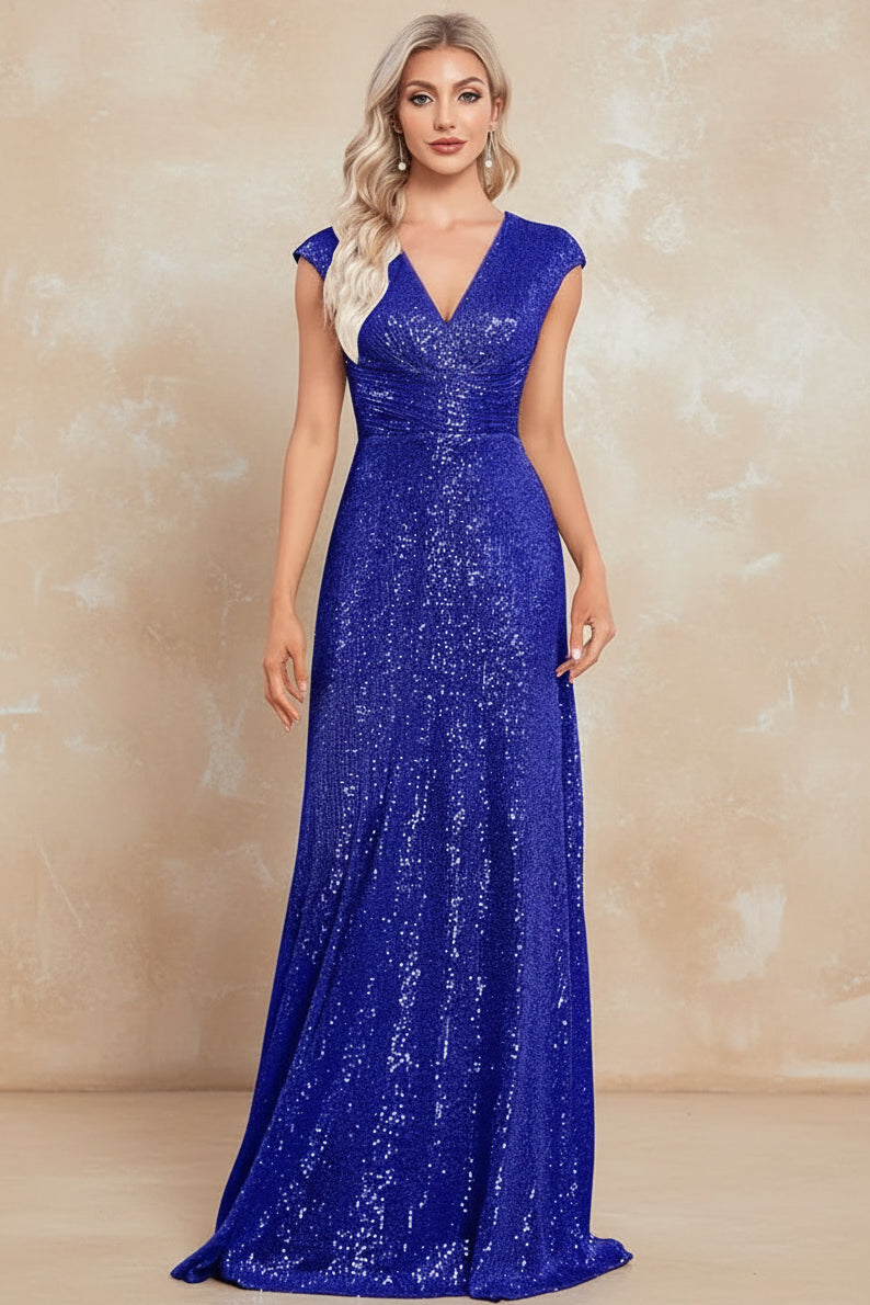 Women Elegant V-neck Mermaid Evening Dress Floor Length Formal Blue Prom Party Gown Sequins Sleeveless Vestidos