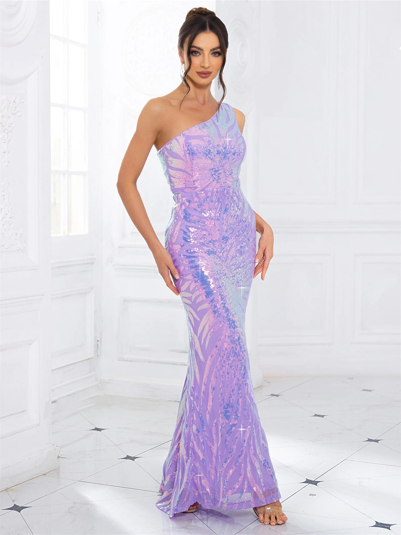 One Shoulder Sleeveless Stretchy Sequined Maxi Dress Evening Prom Night Gown Spring Summer Navy Green