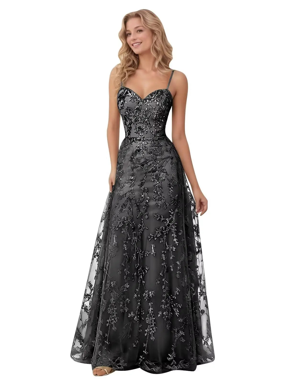 Tulle Formal Dress Laces Spaghetti Strap Sparkly Prom Dress for Women Long Evening Party Gown Formal Dress Women Elegant