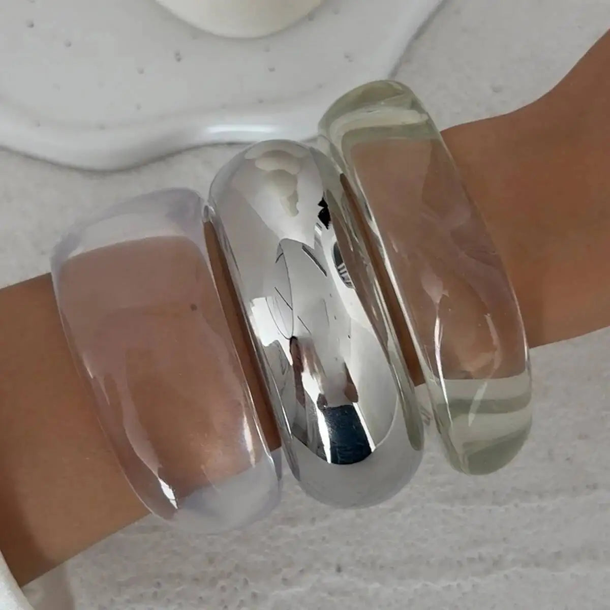 Salircon 3 Styles Punk Geometric Clear Acrylic Resin Wide Bangles for Women Trendy Silver Color Metal Bracelets Couple Jewelry