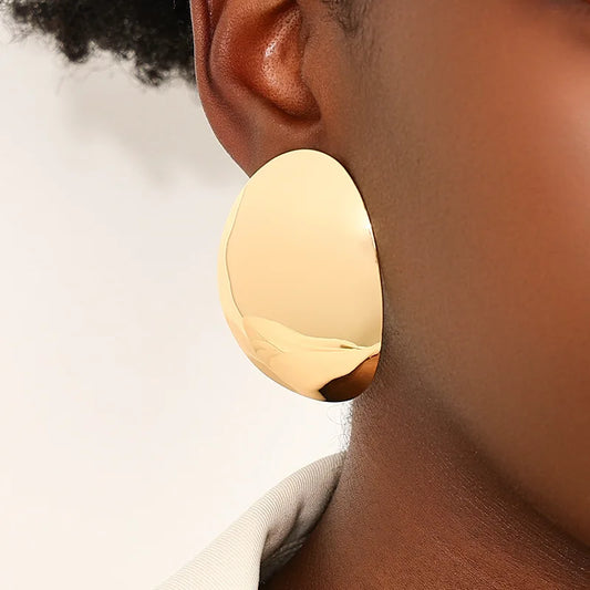 Exaggerated Metal Smooth Big Oval Stud Earrings for Women Vintage Gold Color Geometric Personality Earings Jewelry 2025 Trendy