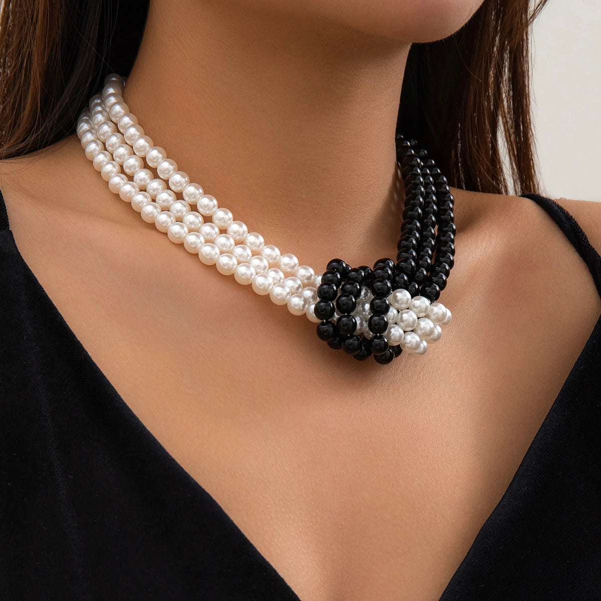 Salircon Gothic Multi-layer Imitation Pearl Chain Necklace Punk Knot Bead Chain Choker Necklace Women's Banquet Party Jewelry