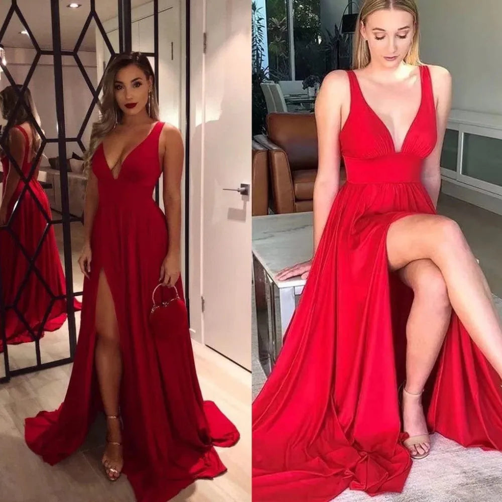 Prom Dresses Split V Neck Bridesmaid Dress Elegant Women Wedding Party A Line Formal Dress Sleeveless Floor Length Birthday Gown