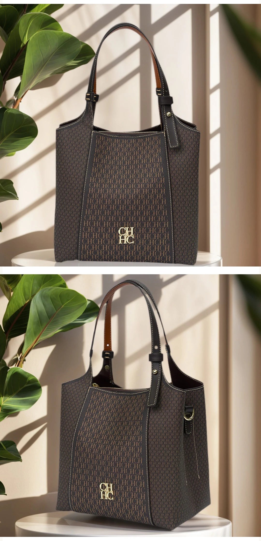 CH Light Luxury Maillard Tone Monogram Print Women's Tote Bag - Large-Capacity Multifunctional Stylish Handbag