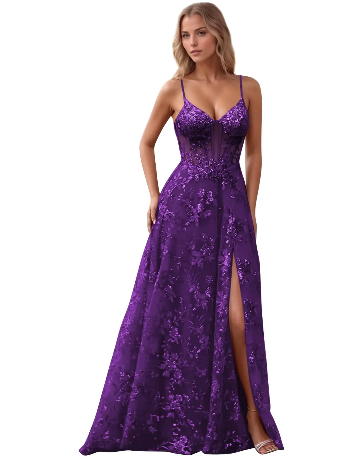 Spaghetti Strap Tulle Appliques Prom Dresses with Slit V Neck Sequin Evening Gown Women Formal Pageant Dress Long Party Dresses