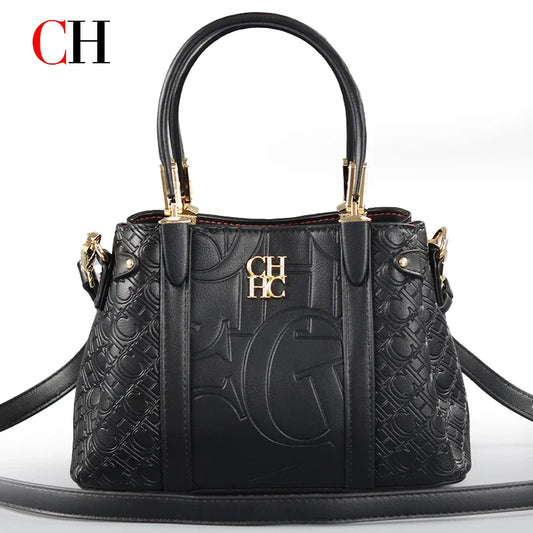 CH Women's Fashion Embossed Handbag Luxury PU Leather Top Handle Crossbody Bag 2026 New Gold Hardware Ladies Shoulder Bag