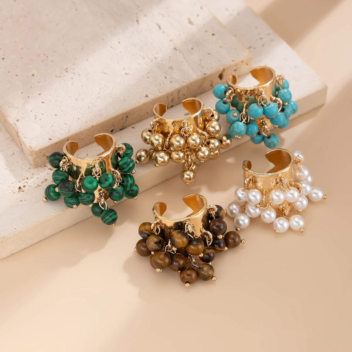 KunJoe Vintage Colourful Natural Stone Beads Open Ring Women Bohemian Imitation Pearl Chunky Wide Finger Rings Party Accessories