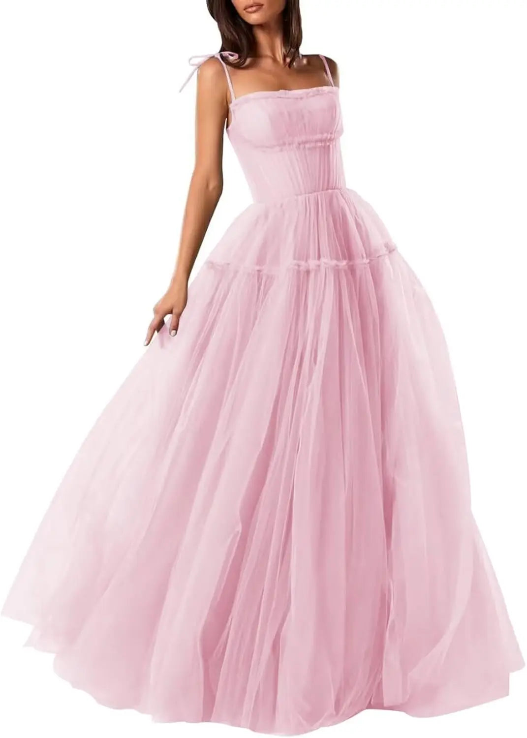 Women's Tulle Prom Dresses Spaghetti Straps Bridesmaid Dresses Long A Line Foraml Evening Party Gowns Tiered Fluffy Skirt Dress