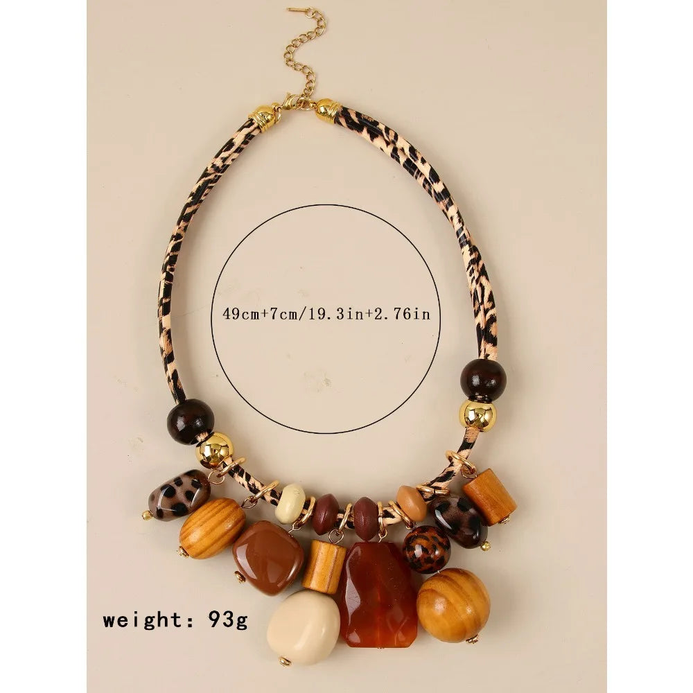 Boho Leopard Print Resin Bead Statement Necklace, Earth Tone Fashion Jewelry for Women, Vacation & Daily Wear Accessory