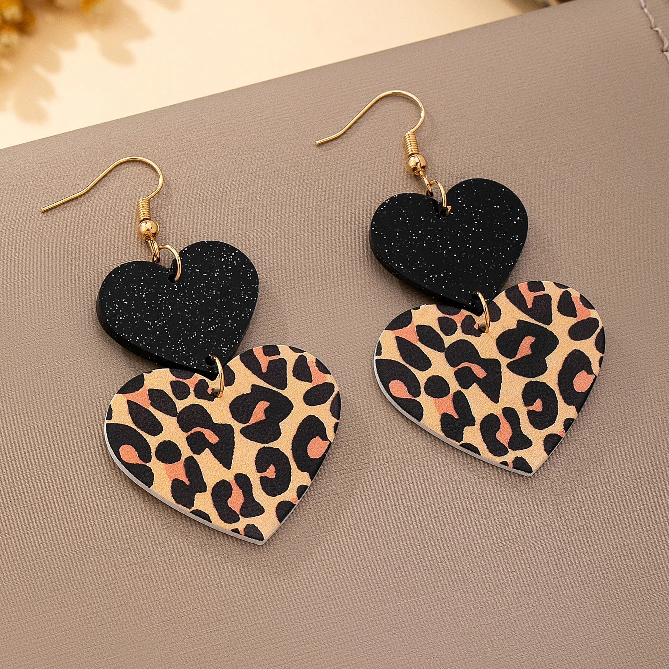Women's Pendant Earrings Leopard Print Two Hearts Leopard Print Earrings Suitable for Daily Wear and Vacation Wear