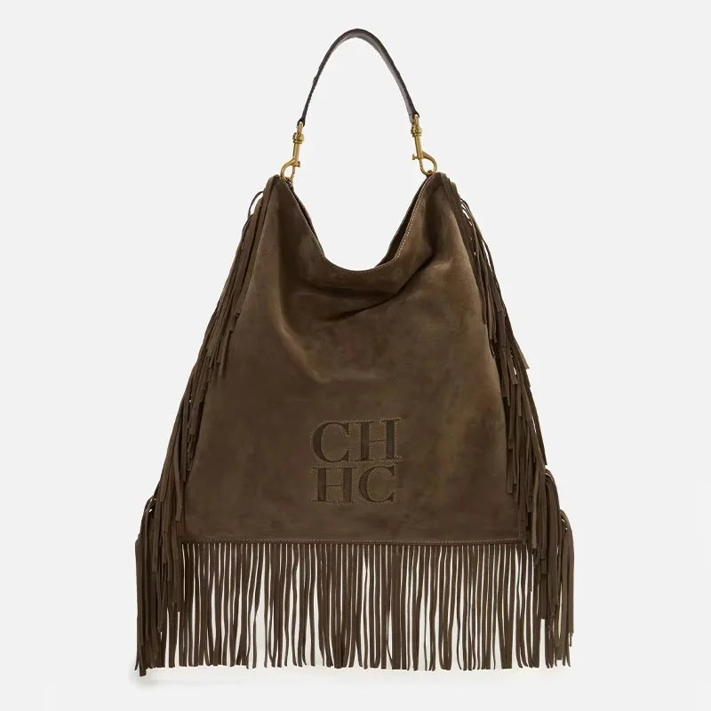 CH Leather Suede Fringe Hobo Bag Brown Large Capacity Tassel Shoulder Bag Retro Western Style Casual Handbag For Women Daily