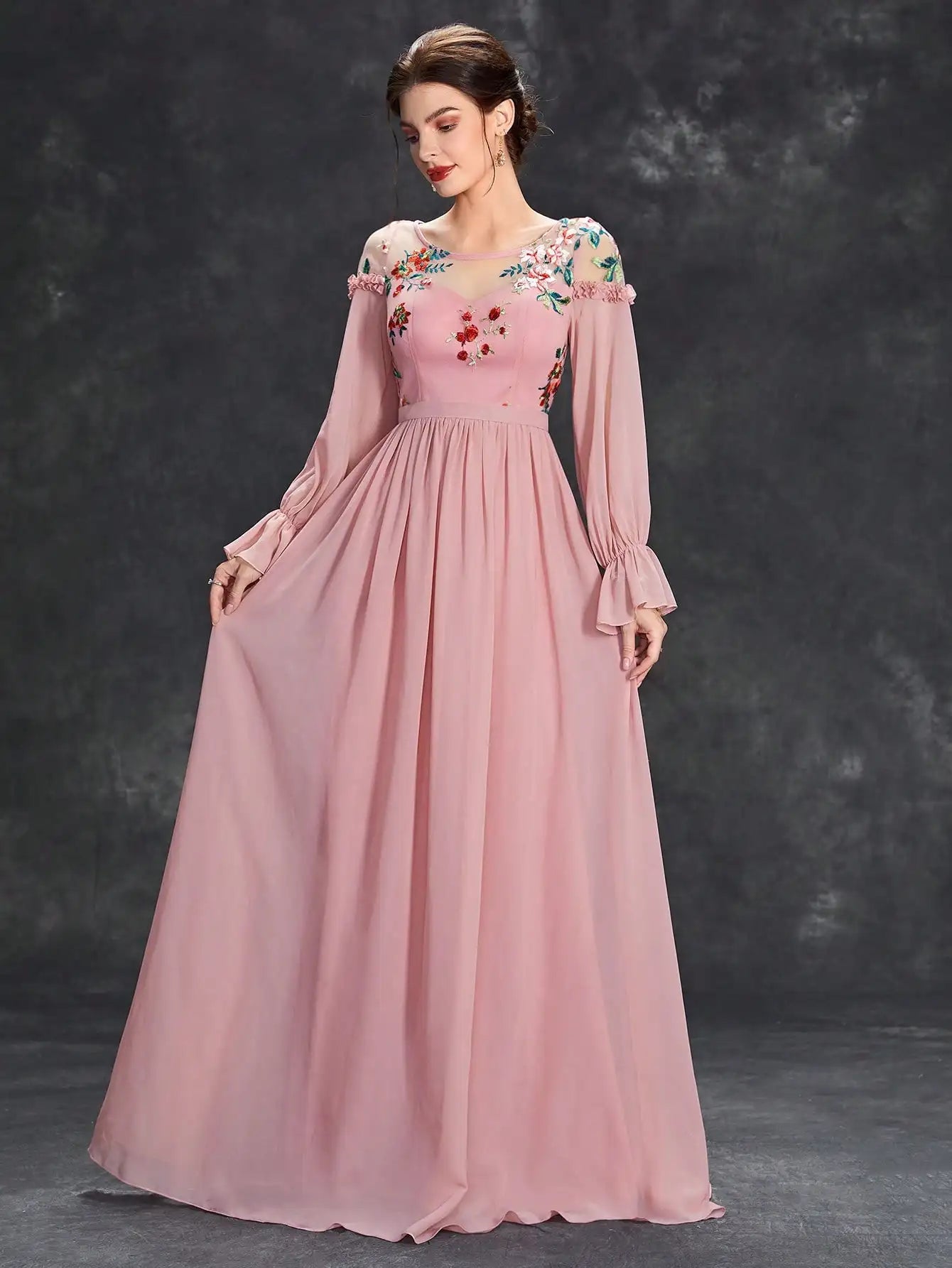 Mgiacy Round neck Color embroidered half-through chiffon chiffon long sleeve dress Ball Dress Party dress Bridesmaid dress