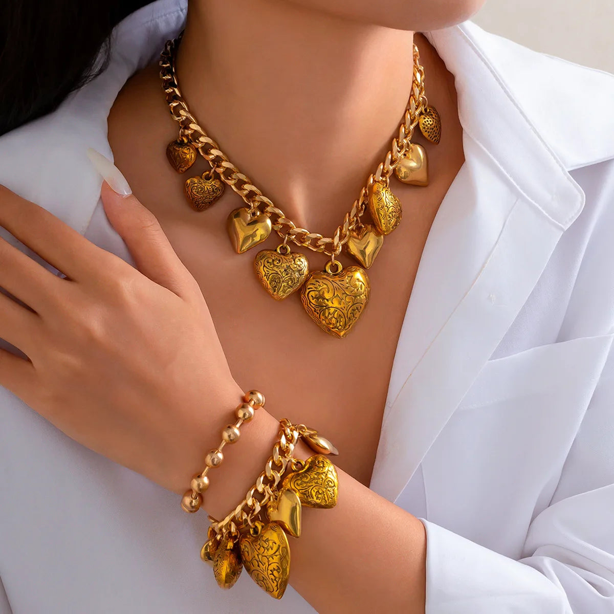 Salircon Vintage Aesthetics Exquisite Chubby Heart Pendant Choker Necklace Bracelets for Women Charm Fashion Jewelry Sets