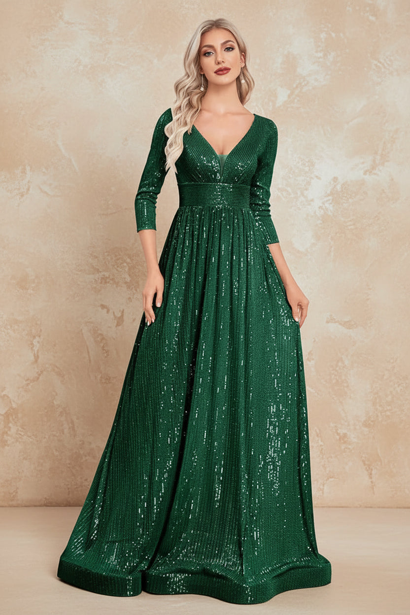 Luxury V Neck Long Sleeves Blue Sequins Formal Evening Dress Women 2024 Wedding Party Prom Maxi Cocktail Dress Gowns