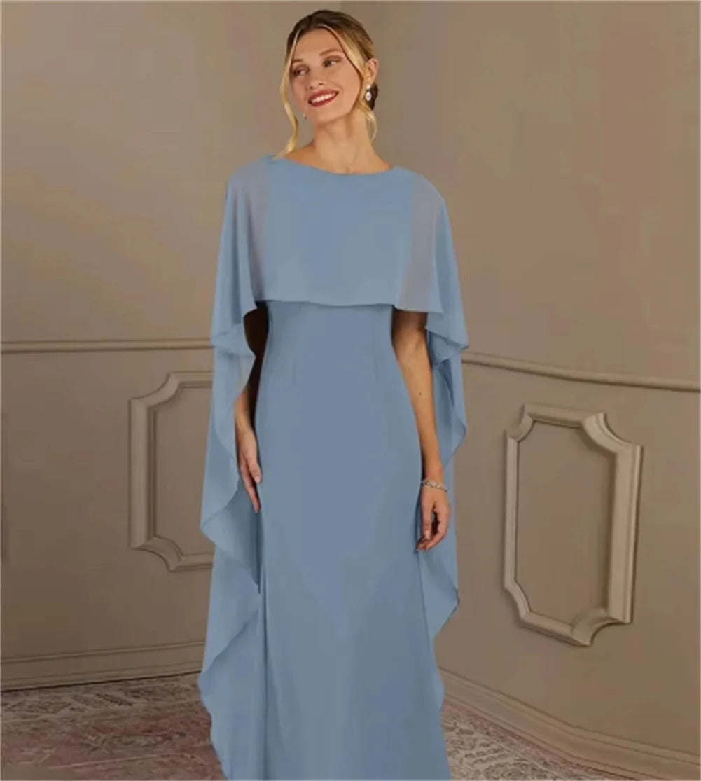 Women's Formal Dress Short Sleeves Scoop Neck Evening Dress Floor Length Chiffon Mother Of The Bride Dresses With Cap