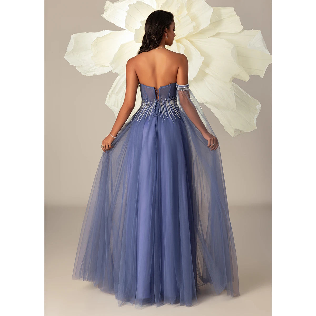 VIPGIRL Women's Dusty Blue Off-Shoulder Beaded Tulle Evening Gown High Slit A-Line Prom Dress