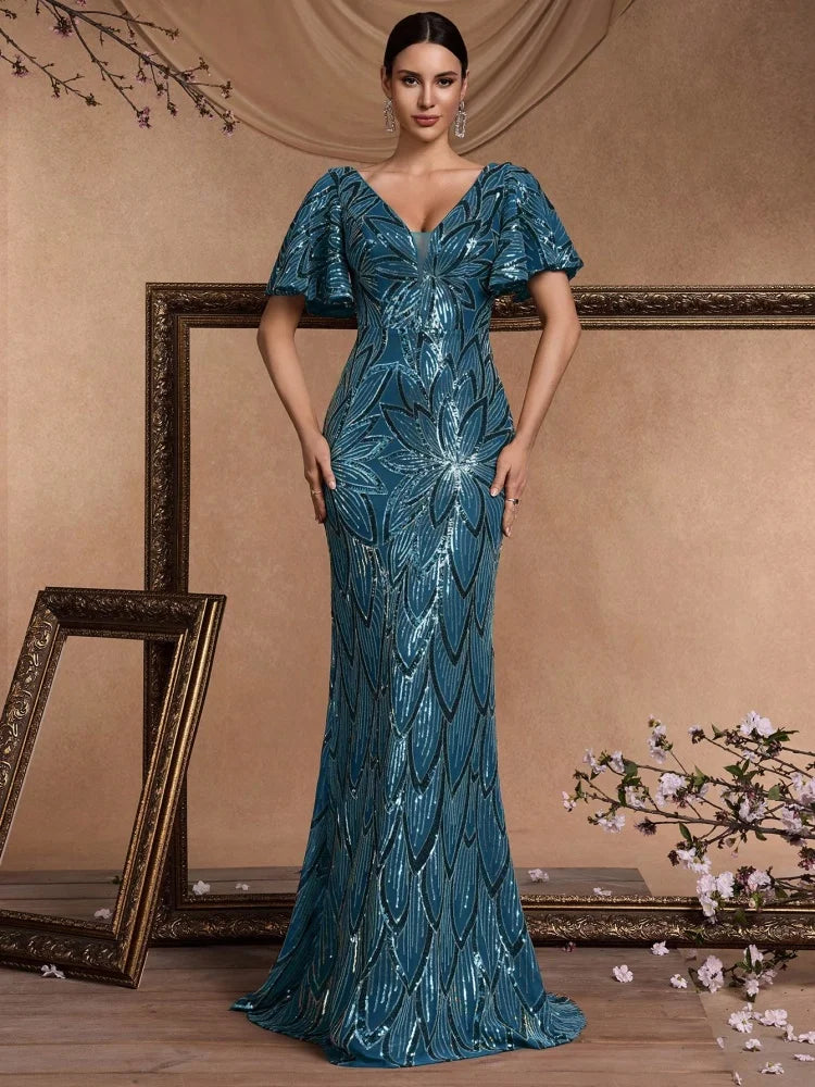 Sexy backless maxi sequins women 2025 elegant luxury mesh wedding party dress Short sleeve evening dresses vestidos