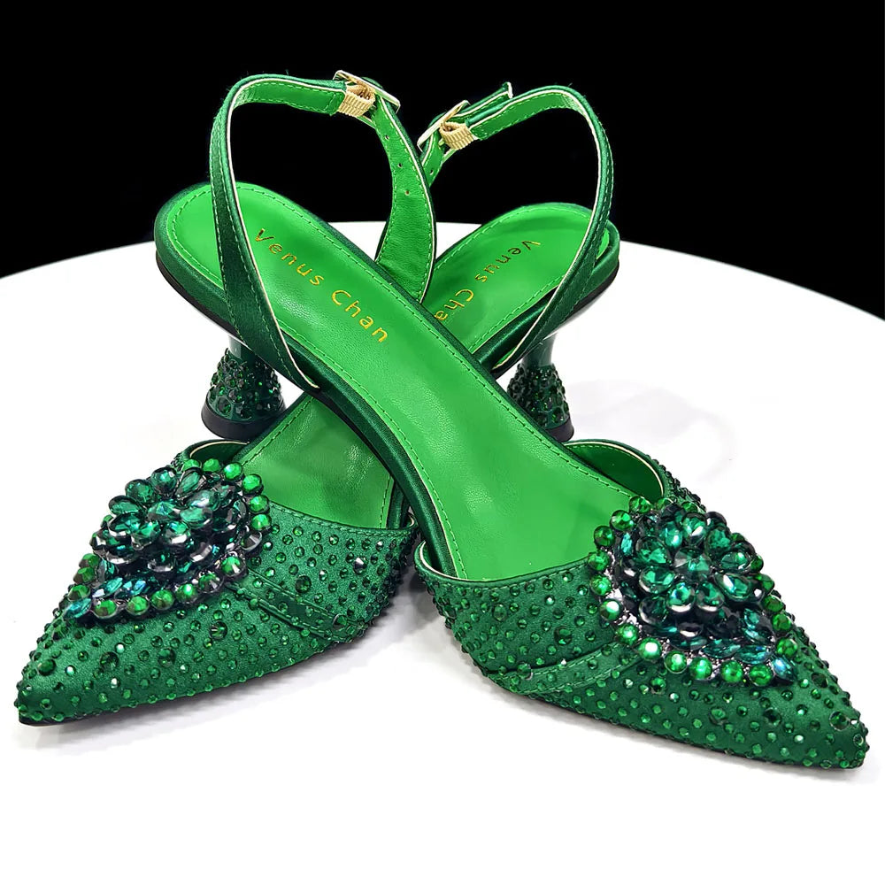 Venus Chan Blue Color Rhinestone Comfortable high heel shoe And Bag Fashion Style Pointed-Toe Shoes For Women Or Commuting Shoes