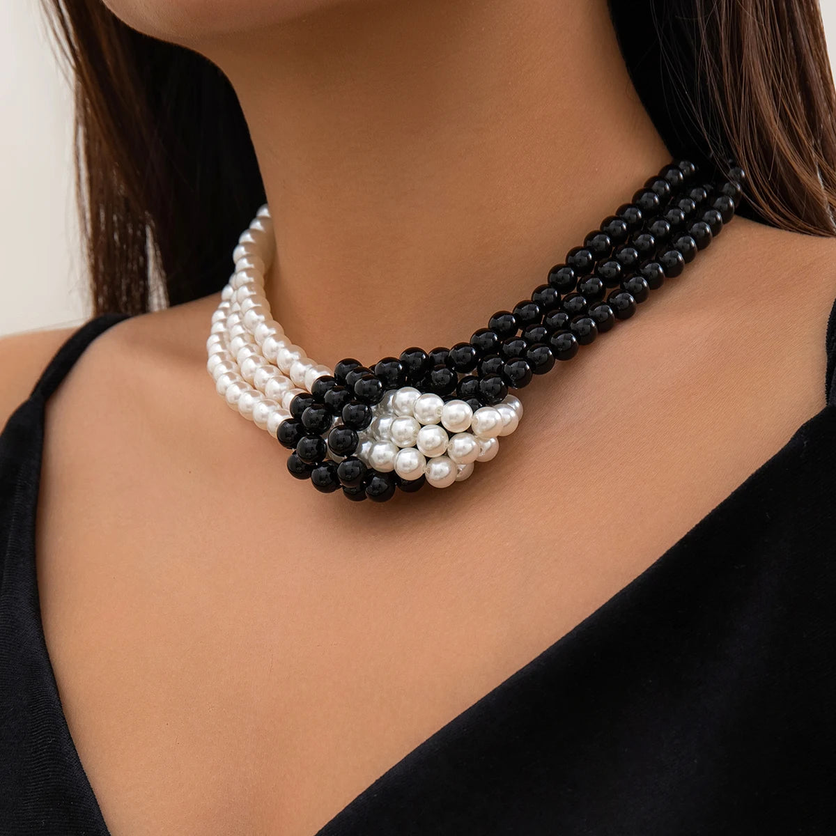 Salircon Gothic Multi-layer Imitation Pearl Chain Necklace Punk Knot Bead Chain Choker Necklace Women's Banquet Party Jewelry