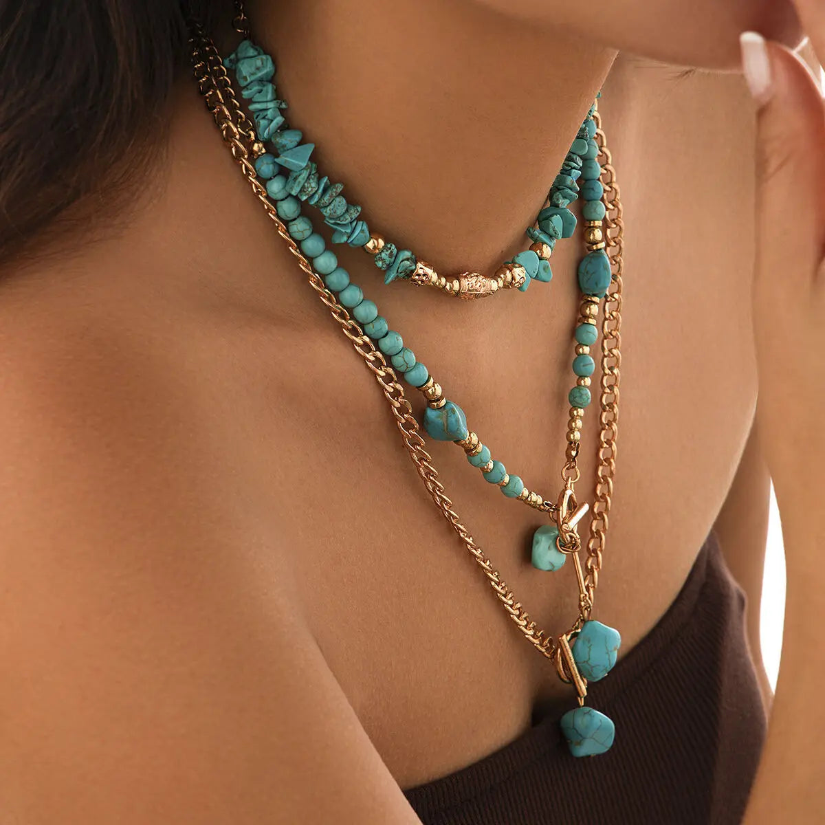 KunJoe 3Pcs Vintage Blue Natural Stone Beads Choker Necklaces for Women Bohemia Geometry Pendant Necklace Trendy Neck Jewelry