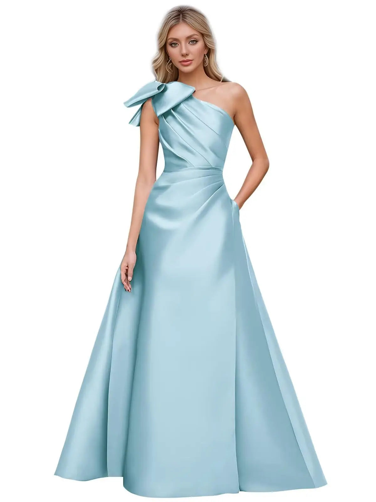 Women’s One Shoulder Prom Dresses Satin Mother of The Bride Dresses A Line Modest Formal Evening Gown with Bow