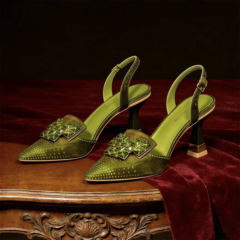 Venus Chan 2026 Elegant Green Slingback Heels with Rhinestones – Italian Design, Pointed Toe Bridal & Evening Party Footwear