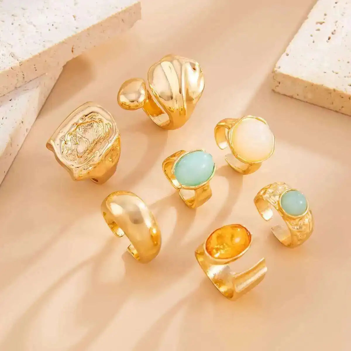 Salircon 7Pcs/Set Trendy Colorful Crystal Open Rings for Women Luxury Chunky Finger Rings Fashion Banquet Jewelry Accessories