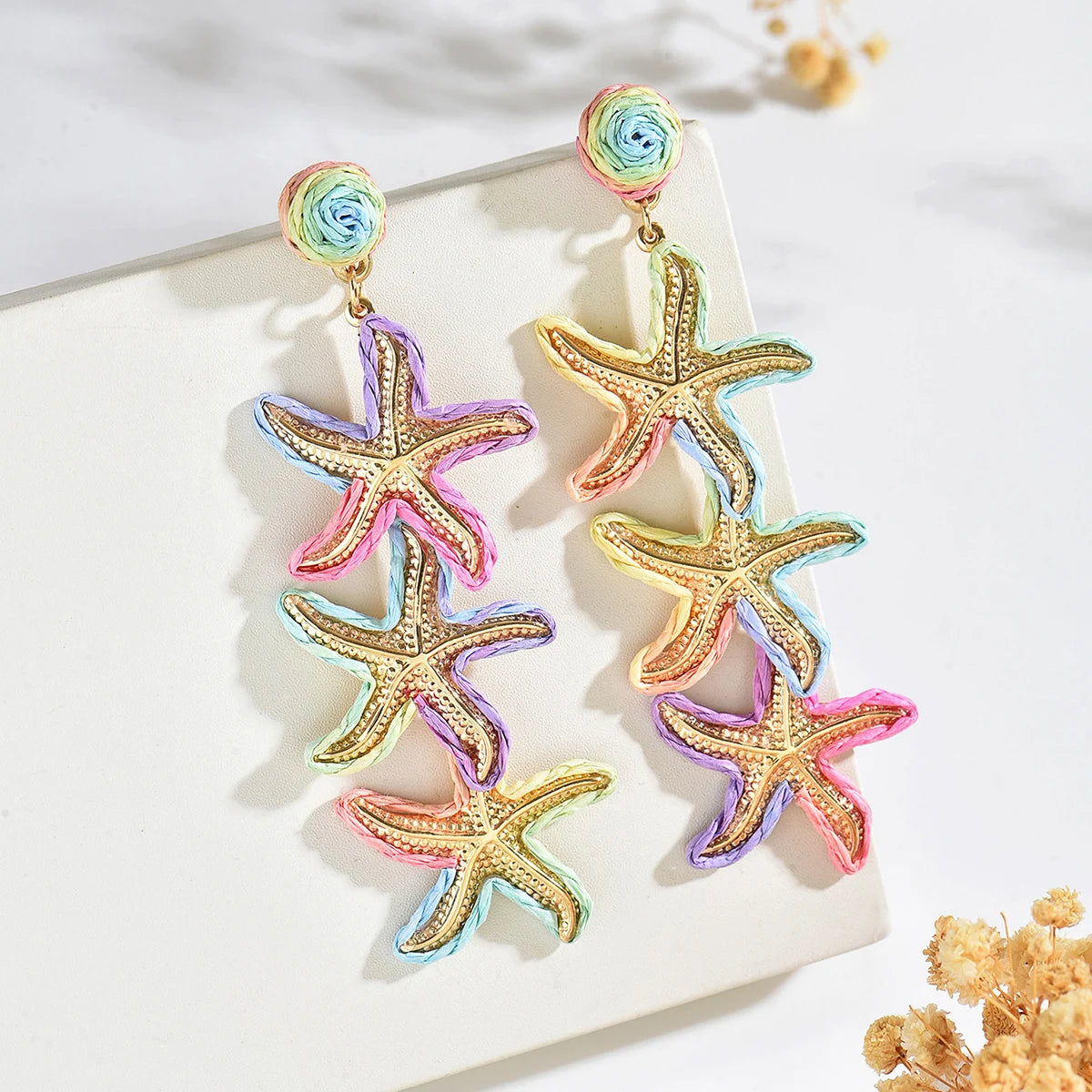 Women Handmade Rainbow Straw Triple Starfish Earrings Color Block Raffia Ball Stud Long Sea Star Dangling Earrings Bohemian Seas