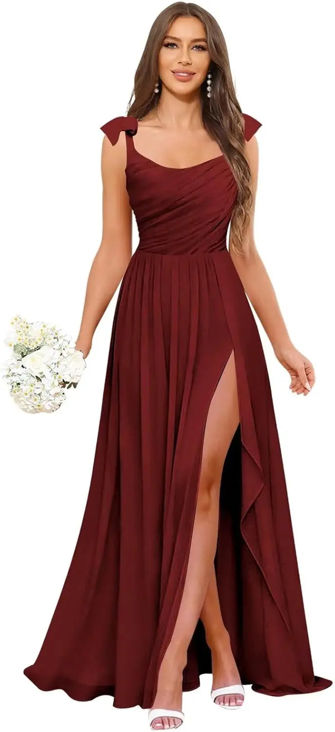 Square Neck Bridesmaid Dress with Ruffle Slit Chiffon Spaghetti Straps Ruched Bust Long Formal Prom Wedding Guest Gown