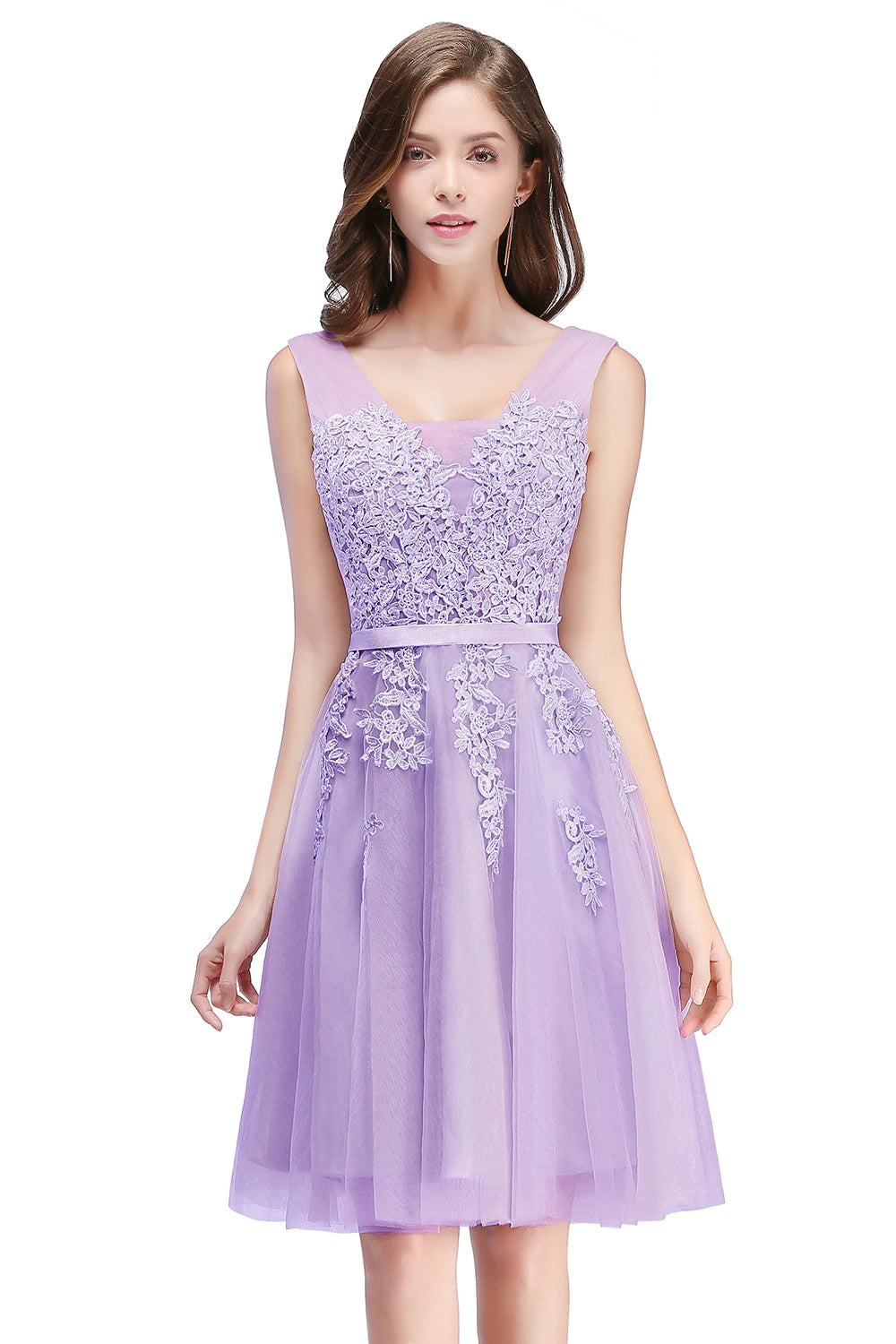 BABYONLINE Burgundy Bridesmaid Dresses with Lace Appliqué, V-Back & Flowy Tulle Skirt for Weddings,Elegant Short Party Dress