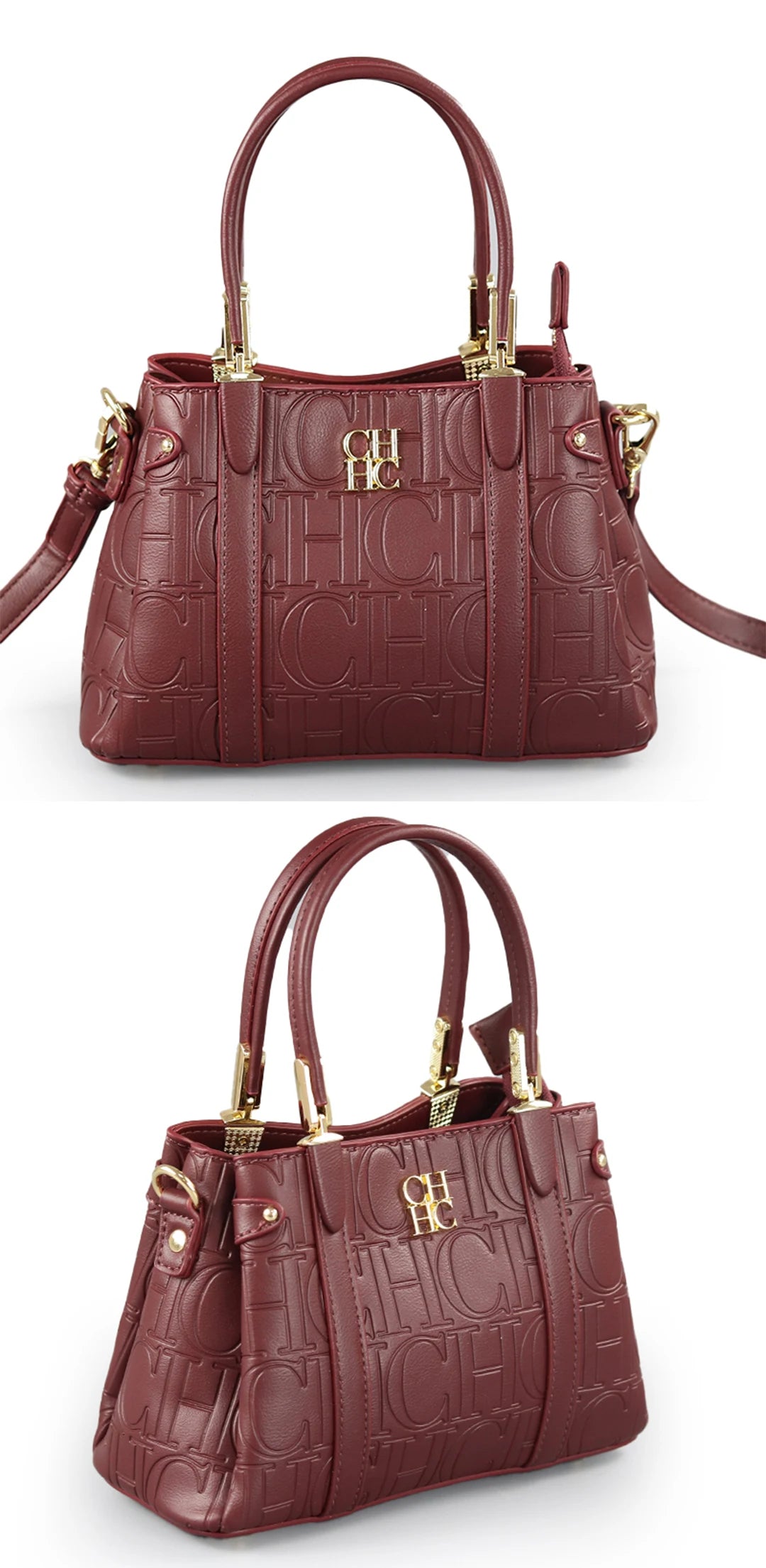 CH Women's Fashion Embossed Handbag Luxury PU Leather Top Handle Crossbody Bag 2026 New Gold Hardware Ladies Shoulder Bag