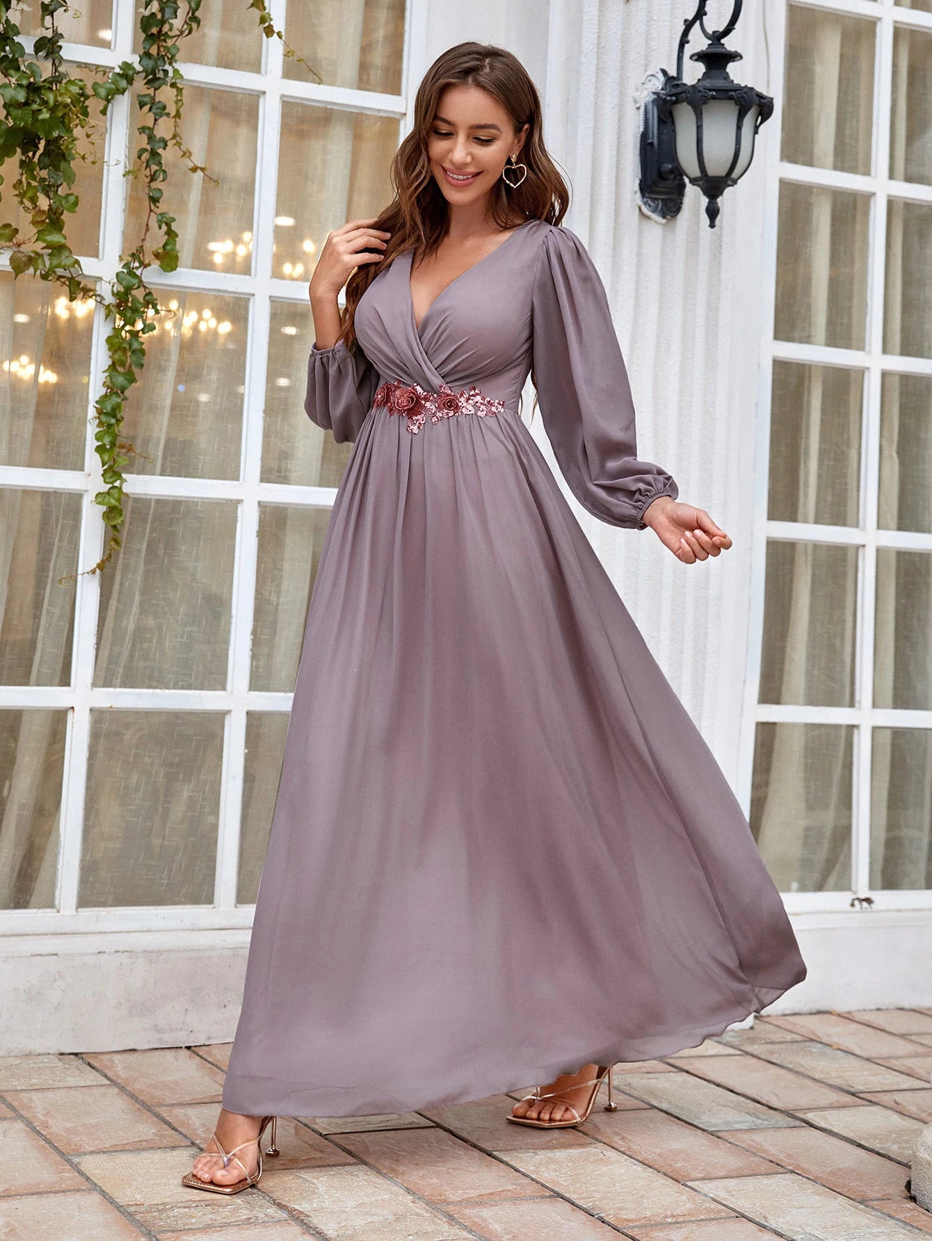 Mgiacy V-neck long sleeve beaded print extra long chiffon Dress