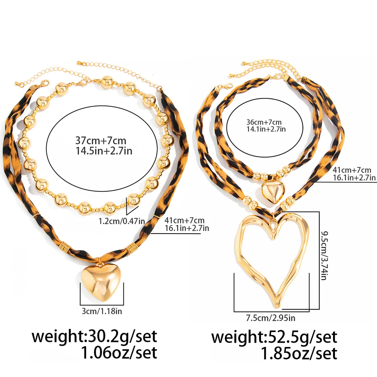 Salircon 2 Styles Trendy Leopard Print Chain Large Heart Pendant Necklace Women Punk CCB Beaded Choker Daily Wear Jewelry Gifts