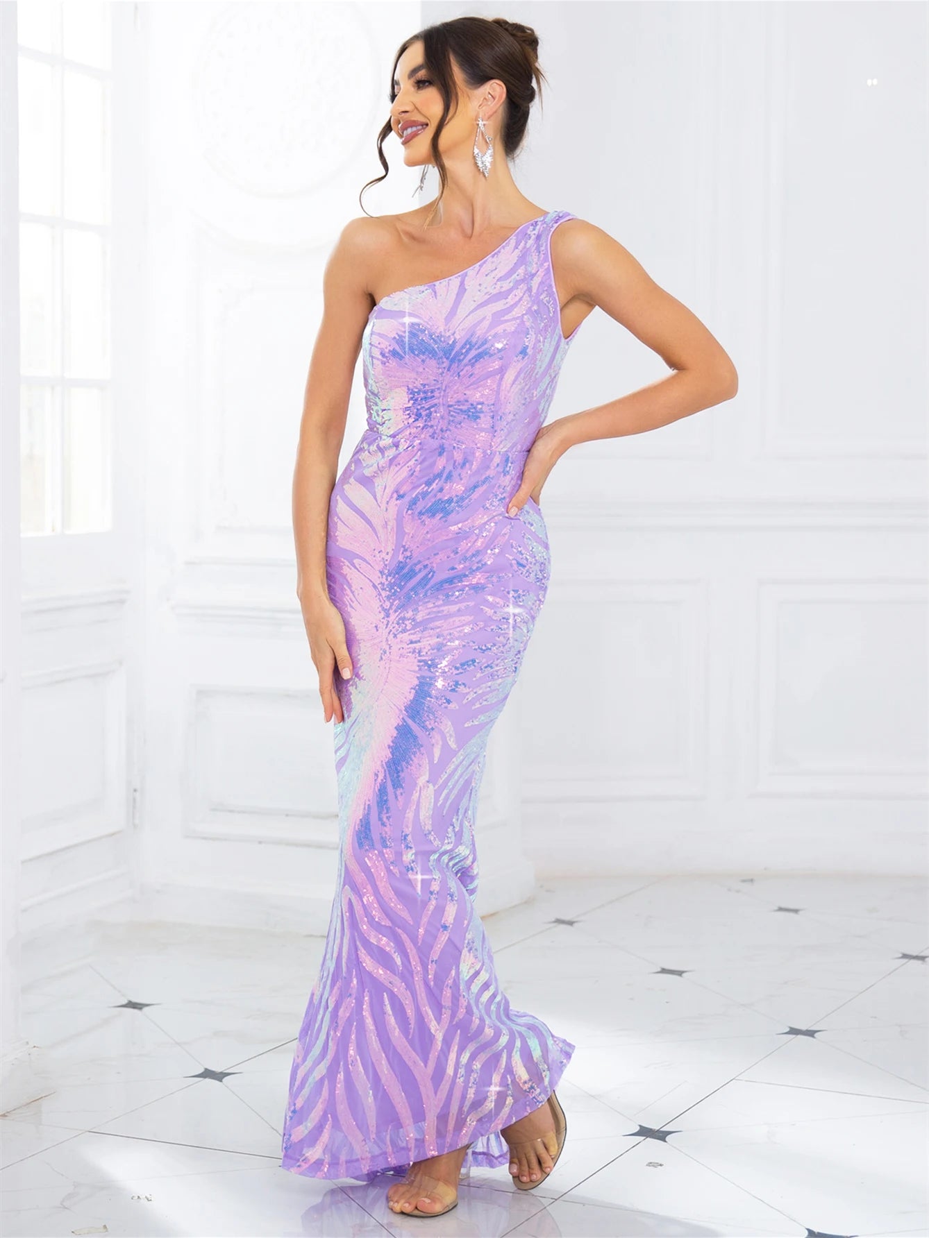 One Shoulder Sleeveless Stretchy Sequined Maxi Dress Evening Prom Night Gown Spring Summer Navy Green