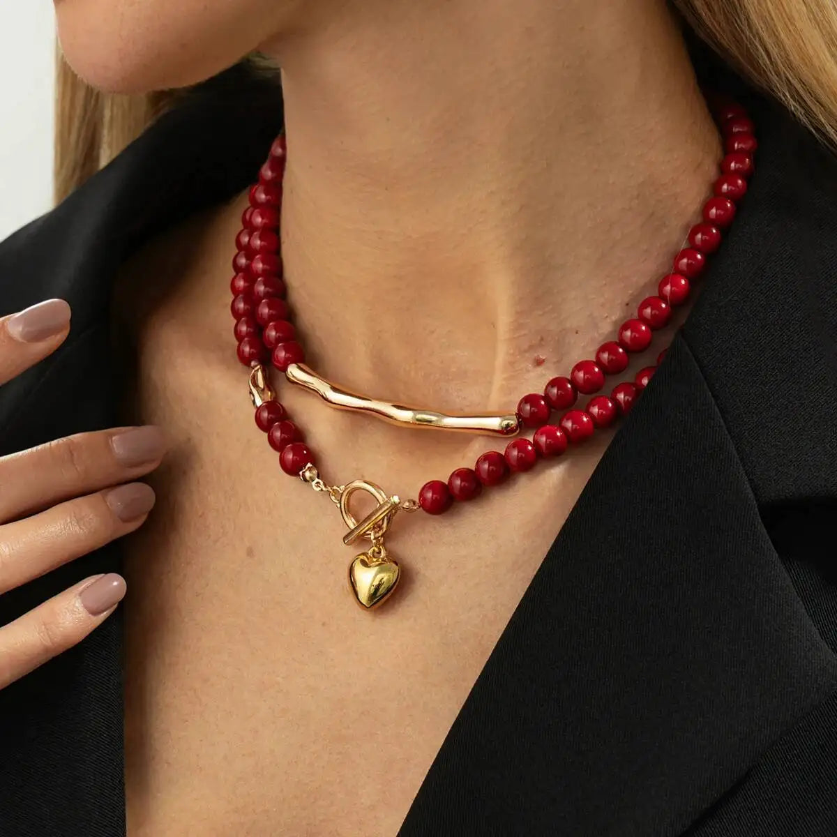 KunJoe Vintage Red Acrylic Beaded Choker Necklace for Women Trendy Stacked Love Heart Pendant Necklace New Year Jewelry Gifts