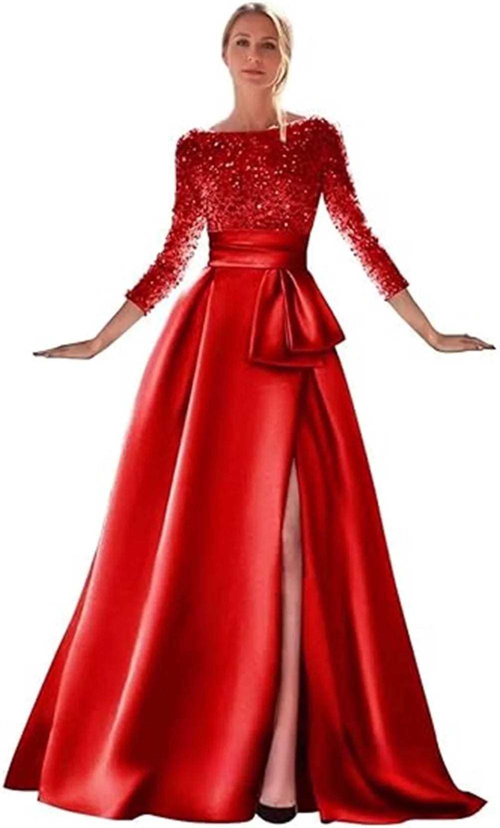 Long Sleeves Mother Of The Bride Dresses For Wedding Sparkly Sequin Ball Gowns Side Slit Satin Formal Party Prom Gown