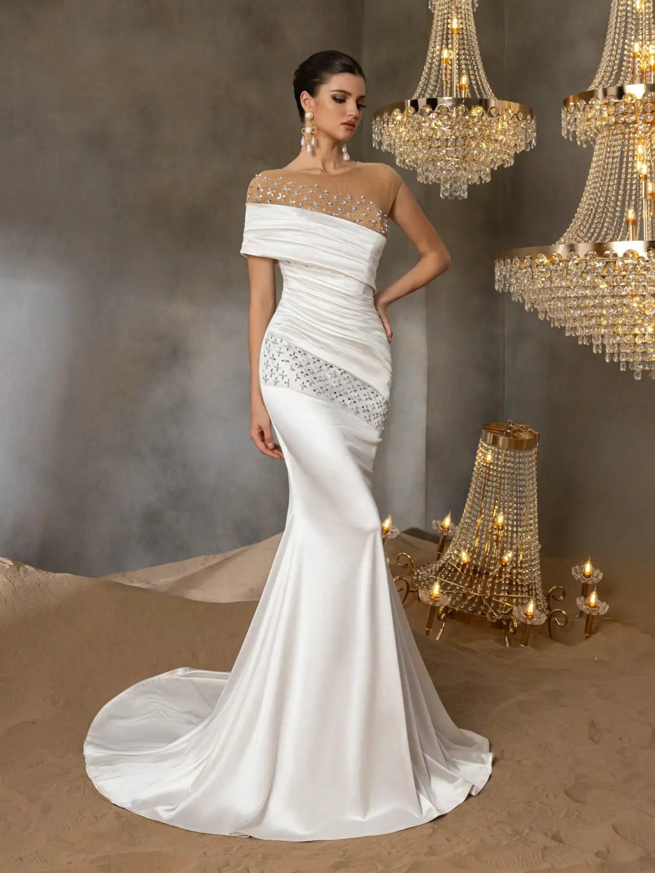 Elegant rhinestone-detailed pleated front panel beaded mesh and satin wedding dress
