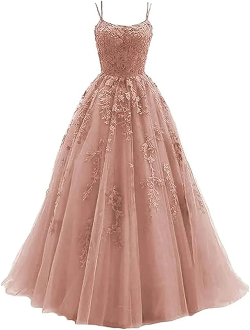 Tulle Spaghetti Straps Prom Dresses Long Lace Appliques Ball Gowns for Women