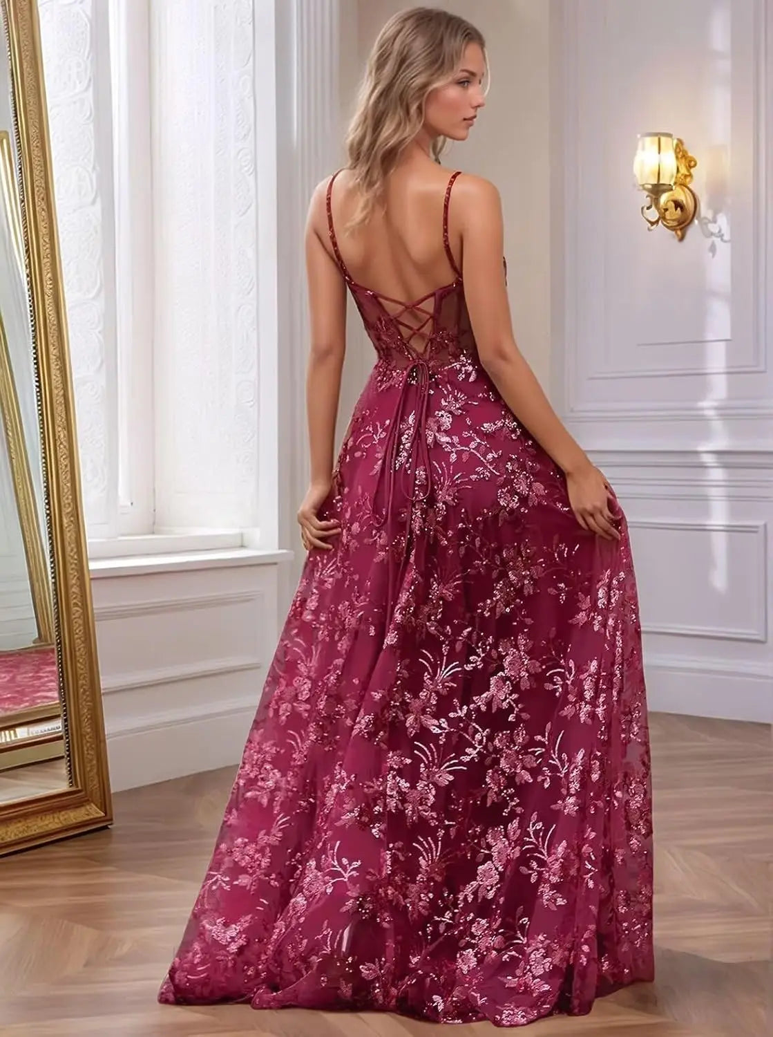 Spaghetti Strap Tulle Appliques Prom Dresses with Slit V Neck Sequin Evening Gown Women Formal Pageant Dress Long Party Dresses