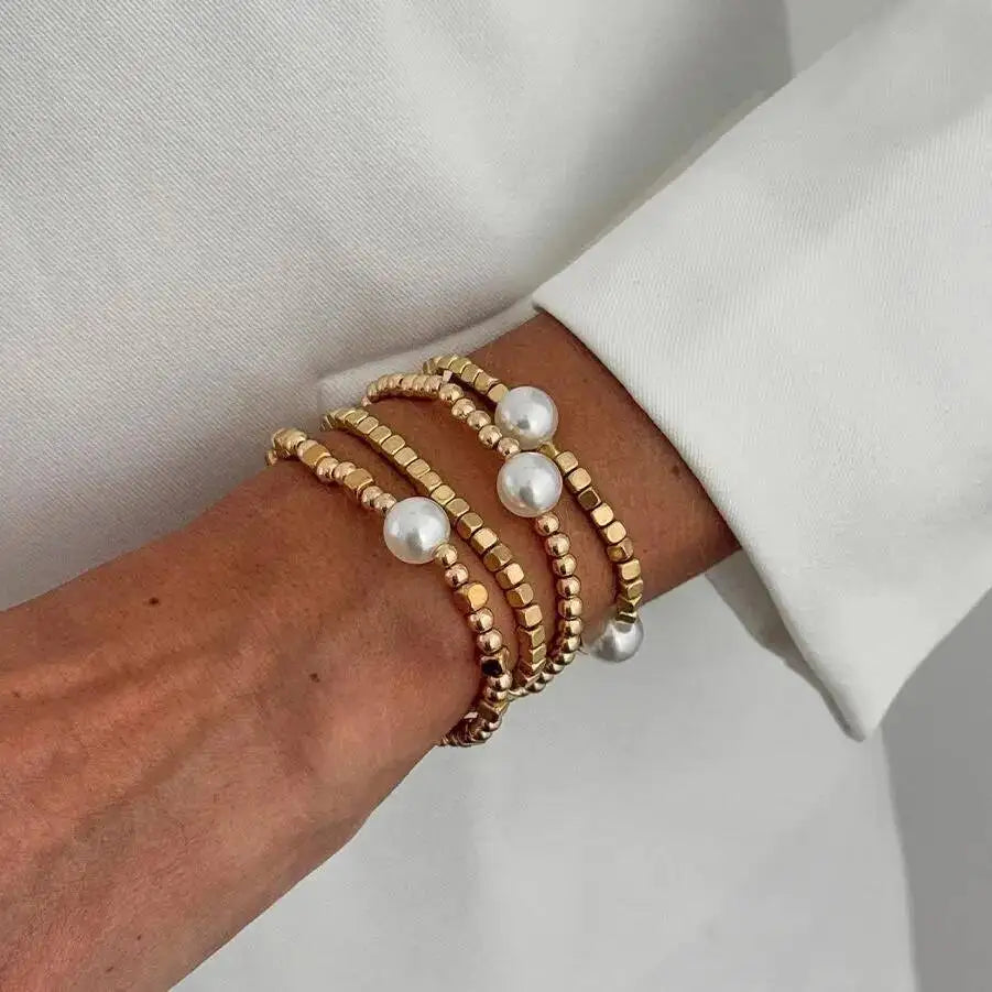 Salircon 4 Pcs/Set Bohemian Imitation Pearl CCB Beaded Bracelets for Women Vintage Handmade Stretch Bangle Couple Trendy Jewelry